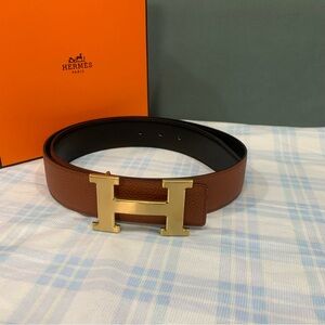 Brown Leather Belt with Gold Buckle